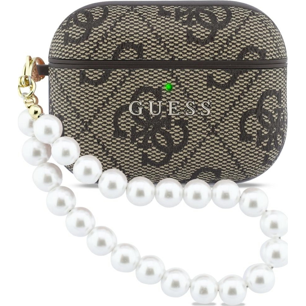 Oryginalne ekskluzywne etui od marki Guess z kolekcji 4G Pearl Strap z perłową zawieszką dla Apple AirPods Pro 3, brązowe
